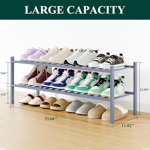 Smiry Bamboo Shoe Rack, 16 Vertical Slats, 2 Tier - 33.7" Wide, Grey - Image 2