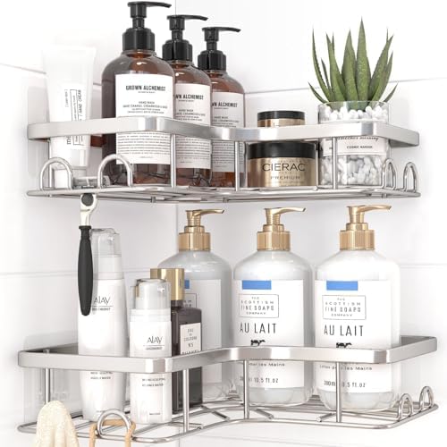 Sakugi Corner Shower Caddy - 2 Pack, Adhesive Shower Organizers, Rustproof Stainless Steel Shower Shelves with 8 Hooks, No Drilling Bathroom Organizers and Storage Racks, Space-Saving, Silver, Medium by Sakugi