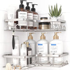 Sakugi Corner Shower Caddy - 2 Pack, Adhesive Shower Organizers, Rustproof Stainless Steel Shower Shelves with 8 Hooks, No Drilling Bathroom Organizers and Storage Racks, Space-Saving, Silver, Medium by Sakugi