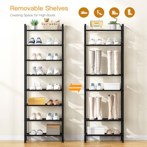8 Tiers Narrow Shoe Rack 16-24 Pairs, Sturdy Metal Tall Shoe Rack with 4 Hooks, Slim Shoe Storage Organizer with Metal Shelf, Space Saving Vertical Shoe Shelf for Entryway, Closets, Black - Image 6