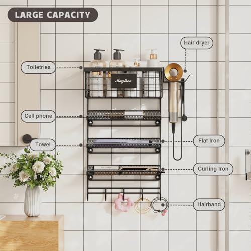 Magheo Hair Dryer Holder Wall Mounted, Adheisve Hair Styling Tool Organizer for hair Brush/Appliance Wall Mount with 4 Tier Shelf Basket Hooks Blow Dryer and Straightener Holder for Bathroom(Black) - Image 3