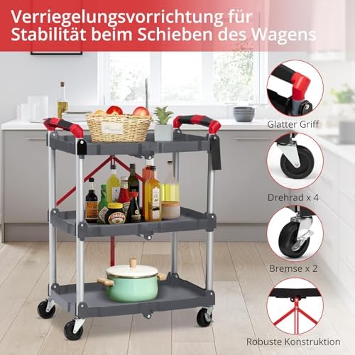 Takywep 3-Tier Foldable Utility Cart, Heavy Duty Collapsible Service Cart with 360° Swivel Wheels, Rolling Storage Trolley for Kitchen Garage Office - Grey - Image 2