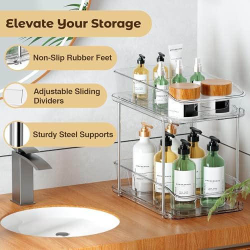 Incostar 2 Tier Pull-Out Organizer for Bathroom Kitchen, Under Sink Storage with Dividers, Ideal for Cabinet, Cupboard Organization, Slide-Out Clear Storage, 2 Pack - Image 3