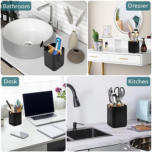 Boperzi Black Toothbrush Holders for Bathroom, Electric Toothbrush Holder with Bamboo Divider, Detachable Anti-Slip Toothbrush and Razor Holder Drainage for Shower, Toothbrush Organizer and Storage - Image 5