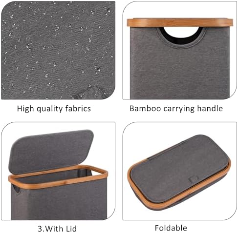 Slim Laundry Basket,60L Laundry Hamper with Lid, Tall Hamper for Laundry,Dirty Cloth Hamper with Bamboo Handle for Towels, Clothes Organizing,Grey - Image 2