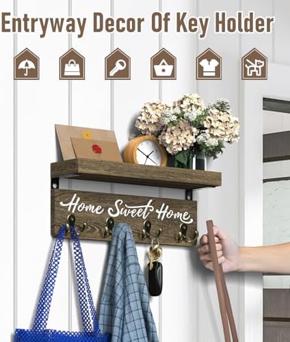 buways Key Holder Wall Mount with 8 Hooks and Cozy Home Sign (Brown) - Image 3