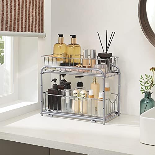 SONGMICS 2-Tier Pull Out Cabinet Organizers, Under Sink Organizer, Bathroom Organizer and Storage, Sliding Basket Drawers, Stackable for Kitchen, Bathroom, Metallic Silver UKCS017E01 - Image 4