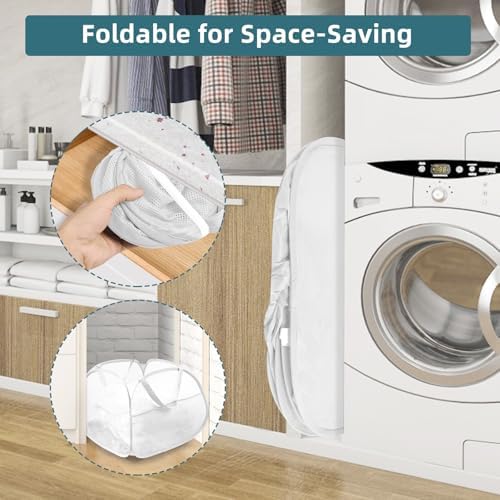 2 Pack Collapsible Laundry Baskets, 90L Large Foldable Laundry Basket, Durable Mesh Pop Up Hampers for Laundry, Dirty Clothes Laundry Hamper for Bedroom, Bathroom, Dorm, Laundry Room, Travel White - Image 3