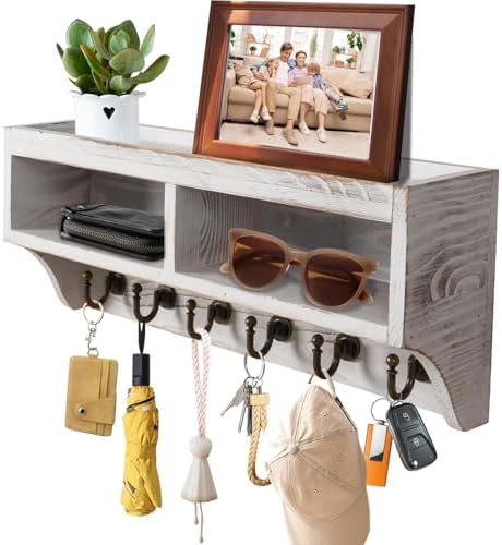 Key Holder Wall Mount with Mail Organizer, 6 Hooks & Shelf, White by KERESUEDO