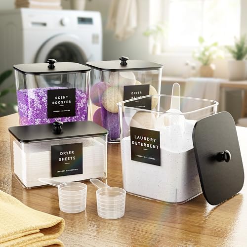 Moforoco 3 Pcs Laundry Pods Container, Clear Laundry Room Organization Containers,Large Detergent Powder Storage, Black Wooden Lids & Labels - Image 6