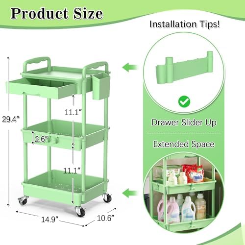 SUNALLY 3 Tier Rolling Cart with Drawer, Craft Storage Cart Organizer,Green - Image 2