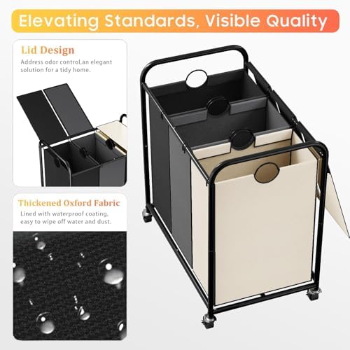 180L Laundry Sorter 3 Section, Rolling Laundry Basket with Wheels and Lid - Image 4