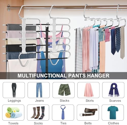 Upgrade 6 Layers Pants Hangers Space Saving, 2Pack Stainless Steel Multifunctional Rack Non Slip S-Type Clothes Jean Hanger Closet Organizer for Jeans Leggings Trousers Skirts Scarf, White | Metal Space Saving Hangers Multi-Layer Multifunctional Closet... - Image 4