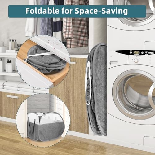 2 Pack Collapsible Laundry Baskets, 90L Large Foldable Laundry Basket, Pop Up Hampers for Laundry, Dirty Clothes Laundry Hamper for Bedroom, Bathroom, Dorm, Laundry Room, Travel or Camping Grey - Image 3