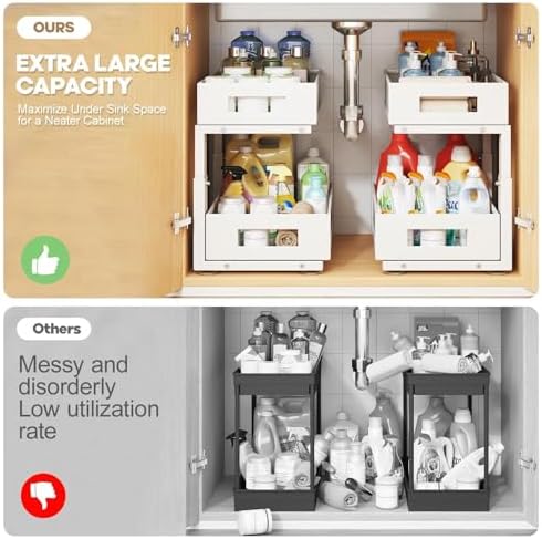 Under Sink Organizer, 2-Tier Dual Pull Out Cabinet Organizer Drawers With Smooth Circular Rail, Large Capacity Metal Mesh Sliding Shelves For Bathroom& Kitchen Storage,Height Adjustable–White,1 Pack - Image 4
