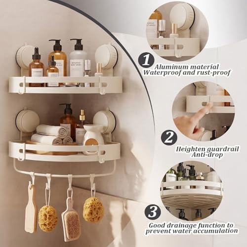 Suction Cup Shower Caddy(2-Pack Cream White),Single 1.77 Inches High No-Drilling Aluminum Bathroom Organizer with Towel Bar & Hooks,Moder wall Shower Shelf and Storage Decor - Image 2