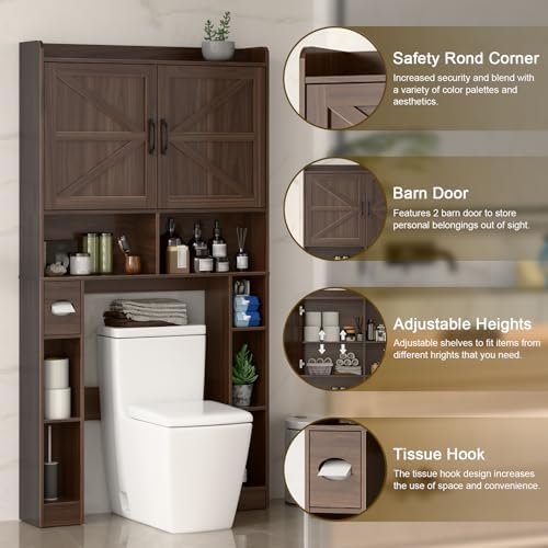 Vabches Over The Toilet Storage Cabinet with Barn Doors, Espresso - Image 3