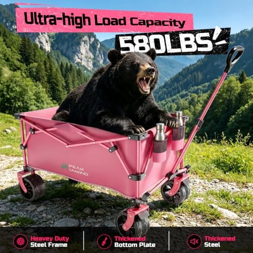 400L Folding Wagon Cart with Brakes & Removable Table, 580lbs Heavy Duty Collapsible Wagon, Big All-Terrain Wheels for Camping, Sports, Grocery, Outdoor - Pink - Image 4