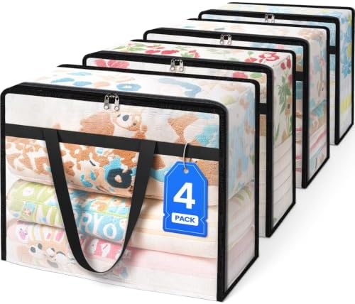BlissTotes Moving Bags 90L 4PCS, Clear Clothes Storage Under Bed Storage | Foldable Clothes Storage Bags with Sturdy Zippers & Handles for Comforter, Bedding, Books, Sheet, Transparent Containers by BlissTotes