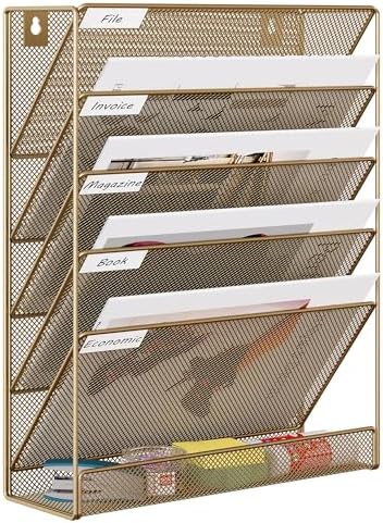 EasyPAG 5 Tier Wall File Holder, Mesh Hanging Folder Organizer with Classify Label, Versatile Desk File Holder, Vertical Wall Mounted Mail Organizer for Office Home Cubicle, Gold by EasyPAG