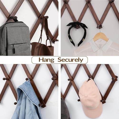 SCUNDA Wall Rack with 10 Hooks, Wooden Wall Expandable Coat Rack for Coat, Hats, Baseball Caps, Coffee Mug, Jewelry(Brown) - Image 3