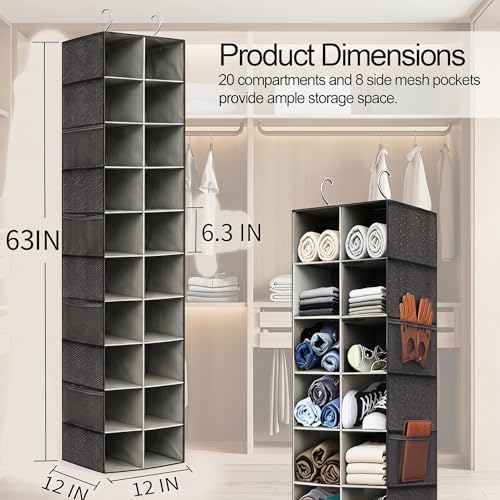 Hanging Shoe Organizer for Closet - 20 Extended Sections Closet Shoe Storage Rack with 8 Side Mesh Pockets, Foldable Shelves Holder for Shoes Clothes Shirts Jeans Hats - Image 2