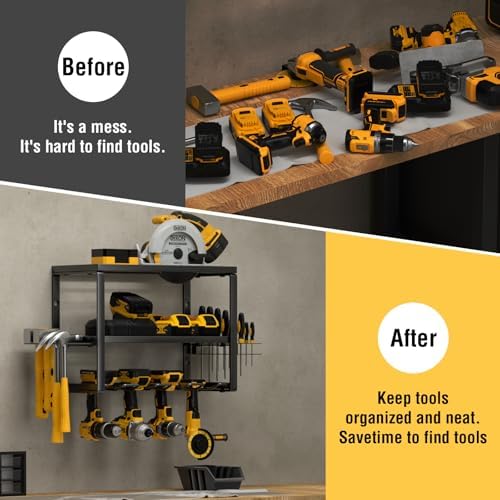 YYR Heavy Duty Power Tool Organizer Wall Mount, Cordless Drill Hanger Storage Rack, Battery Tools Holder with Charging Station Shelf for Garage Organization, Workshop, Pegboard, Shed - 16 Inch 4 Slots - Image 4