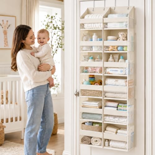 HOMELUX THEORY Over the Door Organizer, 6-Tier XL, 100D Fabric, Ivory | Extra wide over the door organizer, 65 lb capacity, 12 side mesh pockets, heavy-duty 100D fabric, bedroom & nursery storage - Image 2