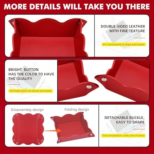 Valet Tray for Men Women - PU Leather Travel Catchall Tray Organizer - Desk Bedside Nightstand Storage Box for Jewelry Key Phone Remote Controller Wallet Watch Glasses Coin Readers -Red - Image 4