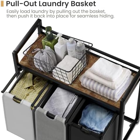 SwaaVee Laundry Sorter, Laundry Hamper 3 Section, 3×11.4Gal, Metal Frame Rolling Laundry Basket with Wooden Top Shelf, Pull out and Removable Laundry Bags, 3 Bags-Black Grey White - Image 4
