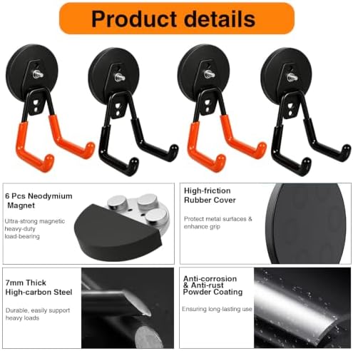 4 Pack Strong Magnet Hooks Heavy Duty, Rubber Coated No Damage Hook for Garage Storage, Dual Hook Design, Large Magnetic Hangers for Tools, Garden, Workshop (Orange2pcs + Black2pcs) - Image 6