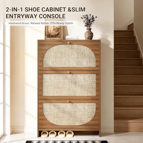 Nicetree Rattan Arched Accent Shoe Storage Cabinet - Freestanding Ultra Slim for Entryway, 3 Flip Drawers & 3-Tier Adjustable Shelves, Farmhouse Modern Rustic Shoe Rack for Hallway, Foyer, Living Room - Image 4