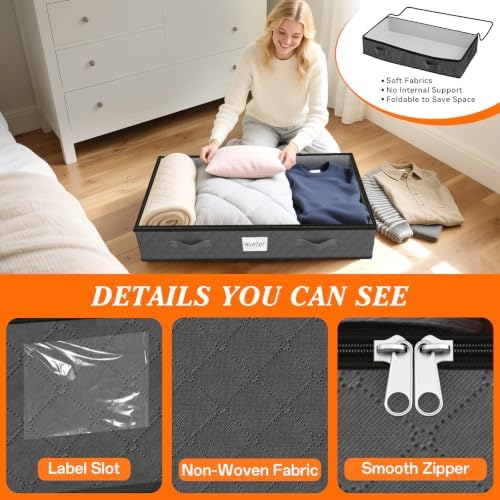 90L Under Bed Storage Containers, Storage Bags, Organizers, 2-Pack, Gray | Foldable, Soft Fabric, Closet Organizers, Reinforced Handle, Label Holder, Clear Window, for Comforters, Clothing, Blankets - Image 4