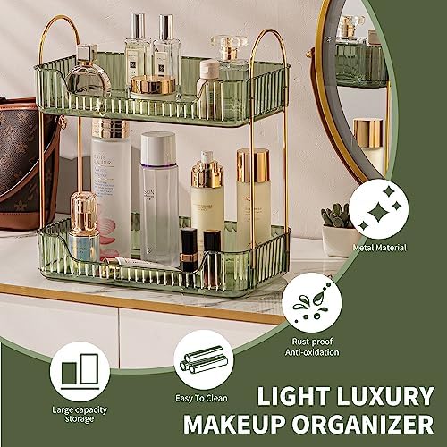 Akinbas 2 Tier Bathroom Organizer Countertop Makeup Perfume Tray Skincare Organizer for Bathroom Dresser Vanity (Green) - Image 3