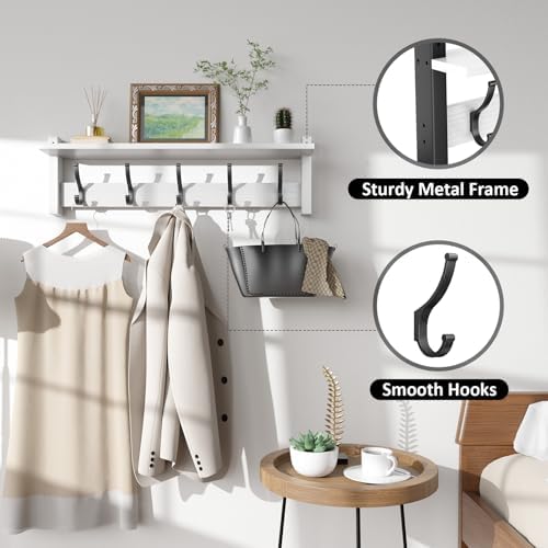 Optish Coat Rack Wall Mount with Shelf, 24 Inch Coat Hanger Walls Mounted, Hat Rack for Walls, Shelf with 5 Coat Hooks, Wall Hanger for Entryway (White) - Image 3
