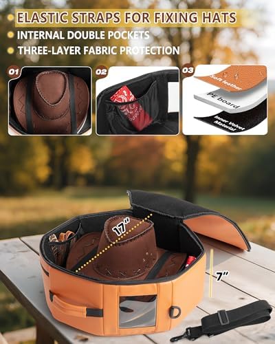 Marscamd Vegan Leather Hat Box Fits 4 Cowboy or Wide-Brim Hats, Padded Storage Case with Shoulder Strap & Trolley Sleeve for Travel or Home Storage (Facet Series, Brown) - Image 3