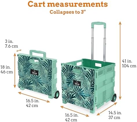 Inspired Living Ultra-Slim Rolling Collapsible Storage Pack-N-Roll Utility-carts, with Telescopic Handle, for Home, Garden, Shopping, Office, School use, Large, Motif Print - Image 2