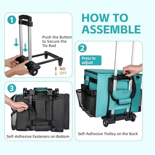 Rolling Cleaning Caddy Bag with Wheels, Large Cleaning Cart Detachable Trolley, Cleaning Bags for Housekeepers With Shoulder Strap & Multi Pockets for Cleaning Tools Storage (Amber Green) - Image 2
