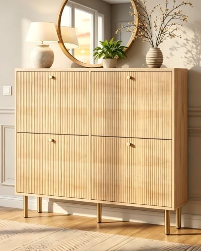 Nicetree Shoe Storage Cabinet for Entryway - Ultra Slim Shoe Cabinet with Tiered Fluted Design - Modern Shoe Organizer with Gold Legs, Hidden Shoe Rack for Small Spaces, Fits Men's Size 13.5 by Nicetree