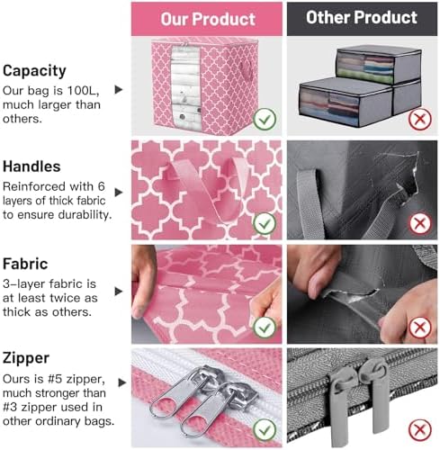 Storage Bags 6 Pack 100L Clothes Organization and Storage Containers | Large Blanket for Comforters,Bedding, Foldable Organizer with Reinforced Handle, Clear Window, Sturdy Zippers, Pink - Image 4