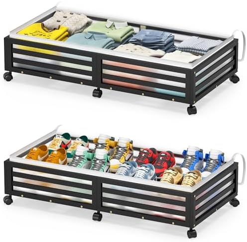 Under Bed Storage with Wheels, 2 Pack Bamboo Drawers for Shoes and Clothes by WisuceHome