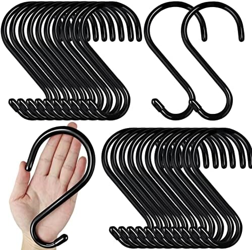 DINGEE 24 Pack Heavy Duty S Hooks, Non Slip Rubber Coated, 7mm Thick Metal Black S Hooks for Hanging Plants, Closet, Bird Feeders, Kitchen, Large Objects, Tools, Bikes by DINGEEUtilityHook