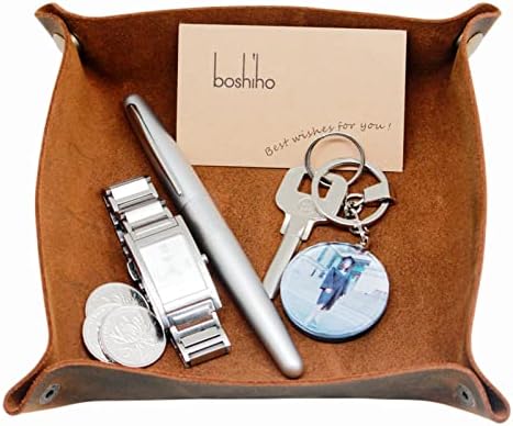 boshiho Valet Tray for Men, Leather Jewelry Catchall Key Phone Coin Box Change Caddy Bedside Storage Box (Dark Brown) by boshiho