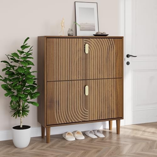 Smuxee Shoe Cabinet with 2 Flip Drawers, 31.5" Walnut Hidden Shoe Storage Cabinet with Line Groove Design, Freestanding Shoe Organizer Cabinet for Hallway, Entryway, Living Room by Smuxee