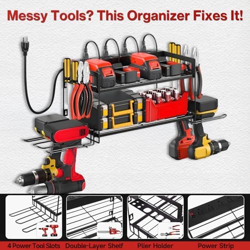 Garage Tool Organizer with Charging Station & Power Strip - 4 Drill Holder Wall Mount Rack, Heavy Duty Metal Shelf for Workshop Organization - Image 5