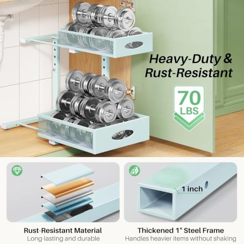 Under Sink Organizer, 1-Pack Pull Out Cabinet Organizer 2 Tier Metal Slide Out Storage Shelf Rack, L-Shaped Adjustable Height,Mesh Sliding Drawer for Kitchen, Bathroom, Laundry, Pantry, Blue, XL - Image 6