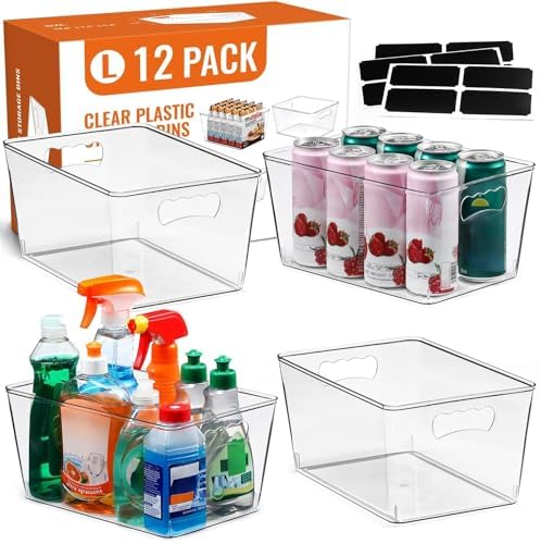 12 PACK LARGE Sturdy Clear Storage Bins, Plastic Home Pantry Organizer Bins by MakeLifeBetterEasier