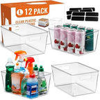 12 PACK LARGE Sturdy Clear Storage Bins, Plastic Home Pantry Organizer Bins by MakeLifeBetterEasier