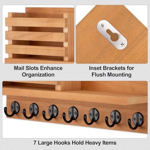 Lwenki Key Holder for Wall – Decorative Wooden Mail Holder and Key Shelf with Mounting Hardware, Installation Guide – Paulownia Wood with Metal Key Hooks (Light Brown, Extra Large - 15.6inch) - Image 2