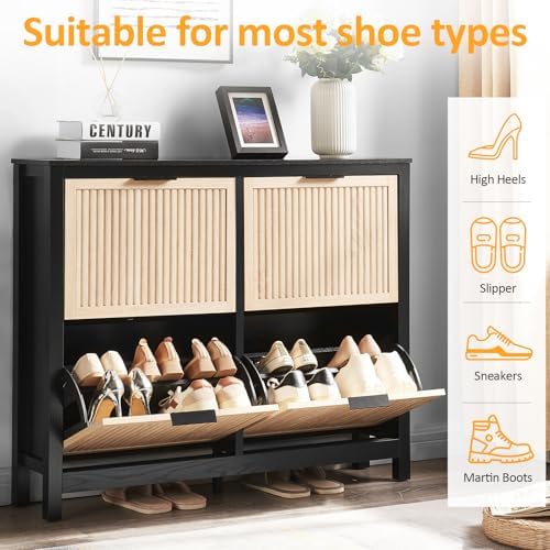 4-Flip Drawer Shoe Cabinet Narrow Entryway Rack, Oak & Black - Image 3